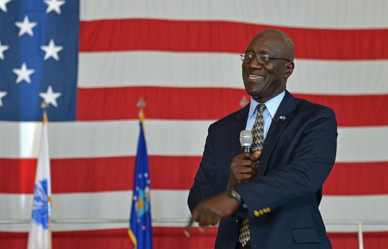 Retired U.S. Army Maj. Gen. Abraham J. Turner speaks to personnel at Shaw Air Force Base, S.C., Nov. 18, 2016. Turner spoke about the Air Force supporting other branches and the millennial generation of Airmen during a Warrior Day following operational readiness exercise Weasel Victory 17-03. (U.S. Air Force photo by Airman 1st Class Destinee Sweeney)