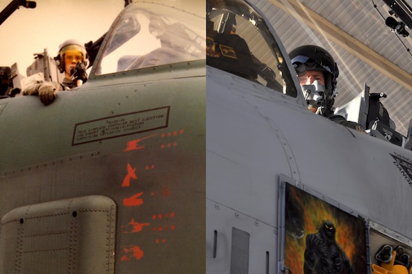 Then, U.S. Air Force 1st Lt. John Marks in an A-10 Thunderbolt II in 1991 next to, now, Lt. Col. Marks in the cockpit of an A-10 at Whiteman Air Force Base, Mo., Nov. 14, 2016. Marks reached 6,000 hours in an A-10 after flying for nearly three decades. (Courtesy photo provided by Lt. Col. Marks)