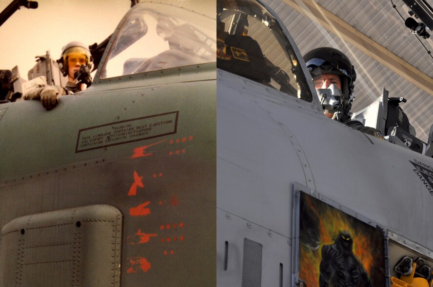 Then, U.S. Air Force 1st Lt. John Marks in an A-10 Thunderbolt II in 1991 next to, now, Lt. Col. Marks in the cockpit of an A-10 at Whiteman Air Force Base, Mo., Nov. 14, 2016. Marks reached 6,000 hours in an A-10 after flying for nearly three decades. (Courtesy photo provided by Lt. Col. Marks)