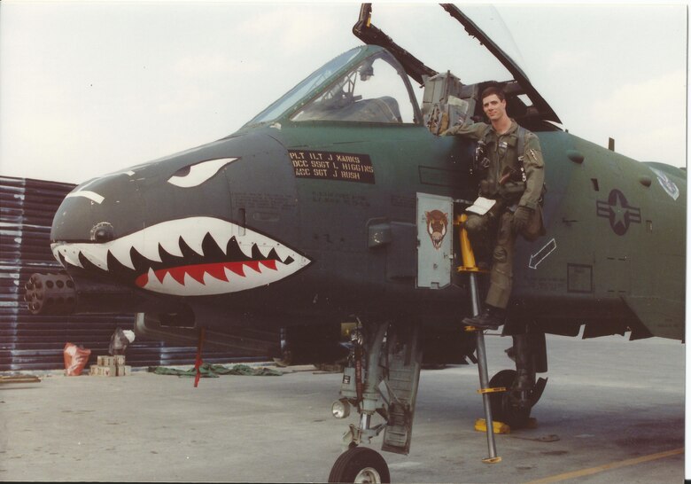 U.S. Air Force 1st Lt. John Marks, poses with an A-10 Thunderbolt II at King Fahd Air Base, Saudi Arabia, during Desert Storm in February, 1991. Destroying and damaging more than 30 Iraqi tanks was one of Marks most memorable combat missions during Desert Storm. (Courtesy photo provided by Lt. Col. Marks)