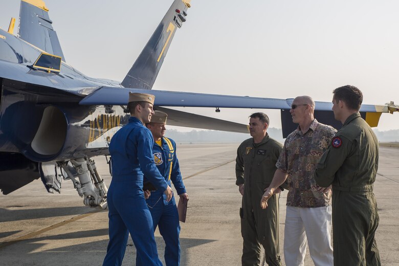 Members of the U.S. Navy Flight Demonstration Squadron, known as the Blue Angels, arrive aboard MCAS Beaufort, Nov. 16. The squadron is visiting Fightertown to plan and coordinate with air station leaders for the upcoming 2017 MCAS Beaufort Air Show. The mission of the Blue Angels is to showcase the pride and professionalism of the Navy and Marine Corps by inspiring a culture of excellence and service to country through flight demonstrations and community outreach.