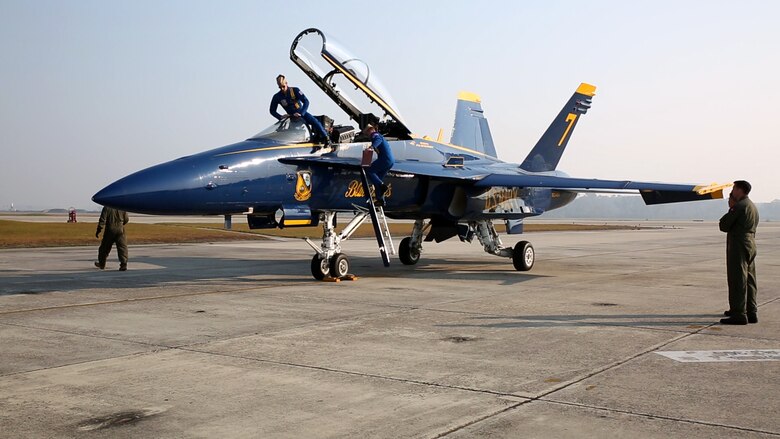 Members of the U.S. Navy Flight Demonstration Squadron, known as the Blue Angels, arrive aboard MCAS Beaufort, Nov. 16. The squadron is visiting Fightertown to plan and coordinate with air station leaders for the upcoming 2017 MCAS Beaufort Air Show. The mission of the Blue Angels is to showcase the pride and professionalism of the Navy and Marine Corps by inspiring a culture of excellence and service to country through flight demonstrations and community outreach.