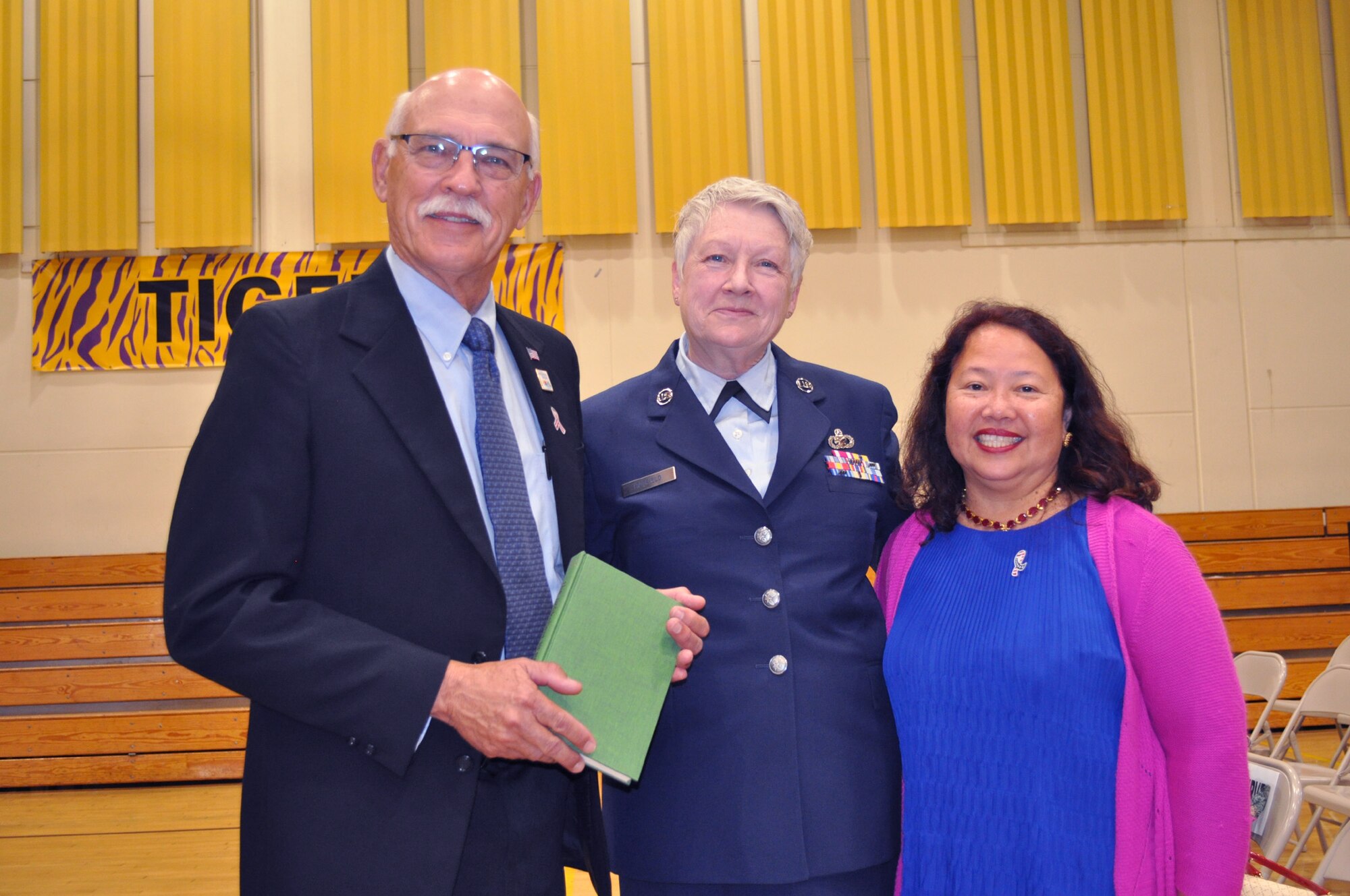Retired Senior Master Sgt. Ellen Hatfield, 349th AMW public affairs chief of community relations, delivered the key note speech for the ceremony in American Canyon, November 11, 2016. Her speech told the story of World War II hero, Corporal Desmond T. Doss, a Seventh Day Adventist and conscientious objector, who saved the lives of 100 of his fellow soldiers on Okinawa, and was the recipient of the Medal of Honor. (Courtesy photo)
