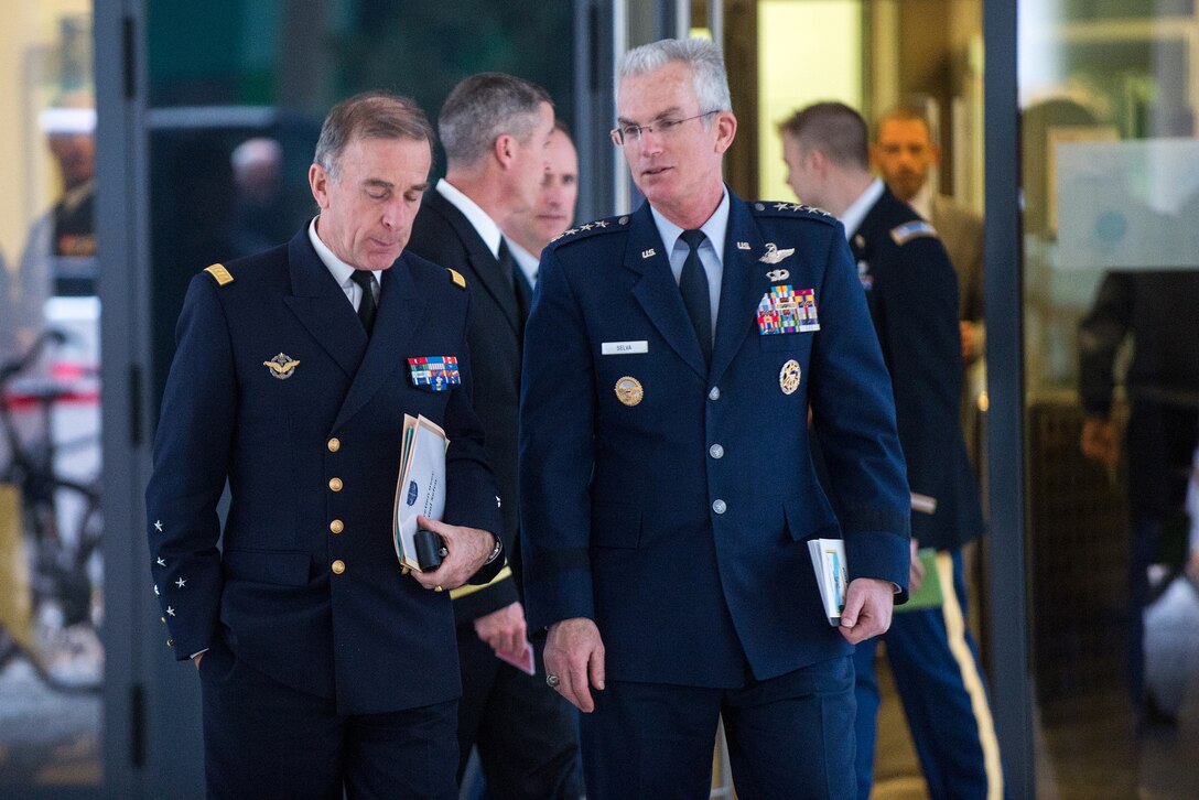 Air Force Gen. Paul J. Selva, vice chairman of the Joint Chiefs of Staff, speaks with French Adm. Philippe Coindreau, Maj. Gen. of the Armies, between meetings in Paris, Nov. 21, 2016. Selva discussed U.S. commitment to France. DoD photo by Army Sgt. James K. McCann