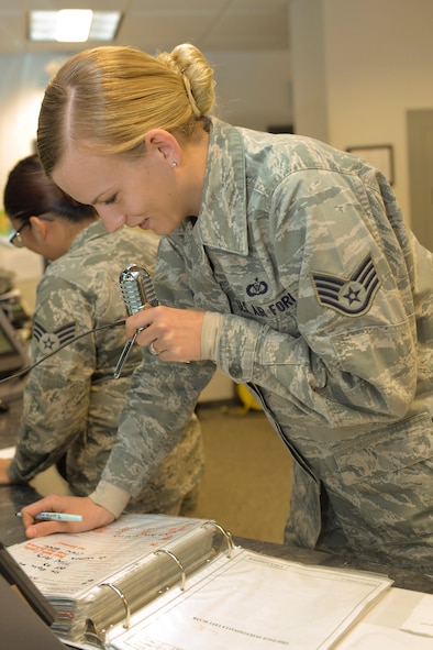Staff Sgt. Caitlin Gillaspie, 5th Bomb Wing command post emergency actions officer, uses a microphone for the WeatherWarn System at Minot Air Force Base, N.D., Nov. 16, 2016. The Minot Command Post is the command and control link between our nation's highest leaders, such as the president, secretary of Defense, Air Force Global Strike Command and our wings' senior leaders. (U.S. Air Force photo/Airman 1st Class Jessica Weissman)