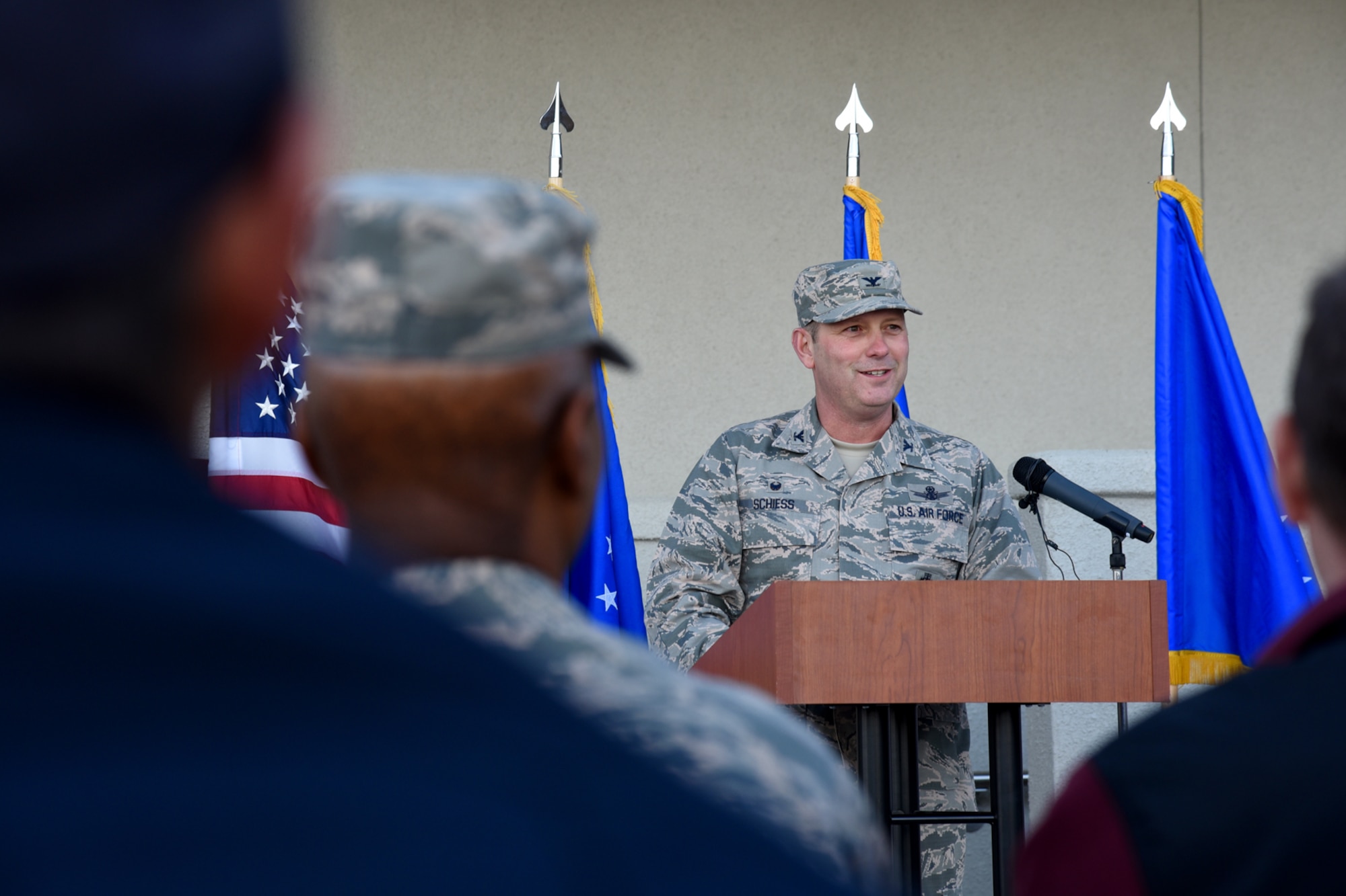 CHEYENNE MOUNTAIN AIR FORCE STATION, Colo. – Col. Doug Schiess, 21st Space Wing commander, speaks to a crowd about the successful completion of the Cheyenne Mountain Air Force Station North Portal renovation on Nov. 16, 2016. Schiess and 721st Mission Support Group and Air Force Space Command leadership declared the new renovation fully operational after cutting a ceremonial ribbon. (U.S. Air Force photo by Airman 1st Class Dennis Hoffman)