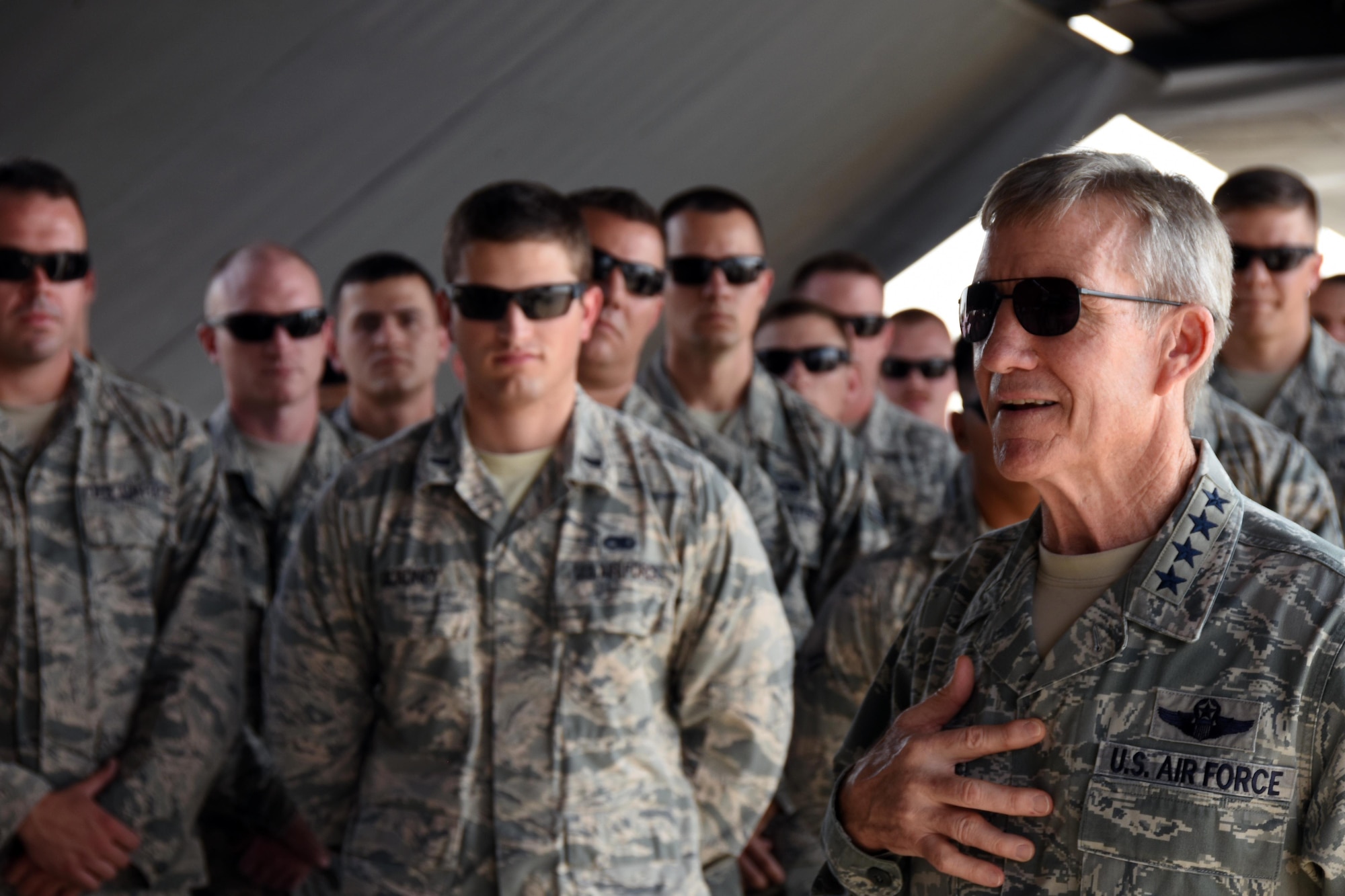 Gen. Hawk Carlisle, commander of Air Combat Command, visits with 379th Air Expeditionary Wing Airmen Nov. 22, 2016, at Al Udeid Air Base, Qatar. Carlisle is visiting bases in the U.S. Central Command area of responsibility to engage with Airmen and thank them for their service. (U.S. Air Force photo by Senior Airman Cynthia A. Innocenti)