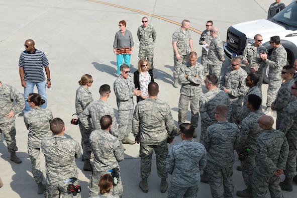 Gen. Hawk Carlisle, commander of Air Combat Command, visits with 379th Air Expeditionary Wing Airmen Nov. 22, 2016, at Al Udeid Air Base, Qatar. The general and his wife, Gillian, thanked Airmen for their dedication and service. (U.S. Air Force photo by Senior Airman Cynthia A. Innocenti)