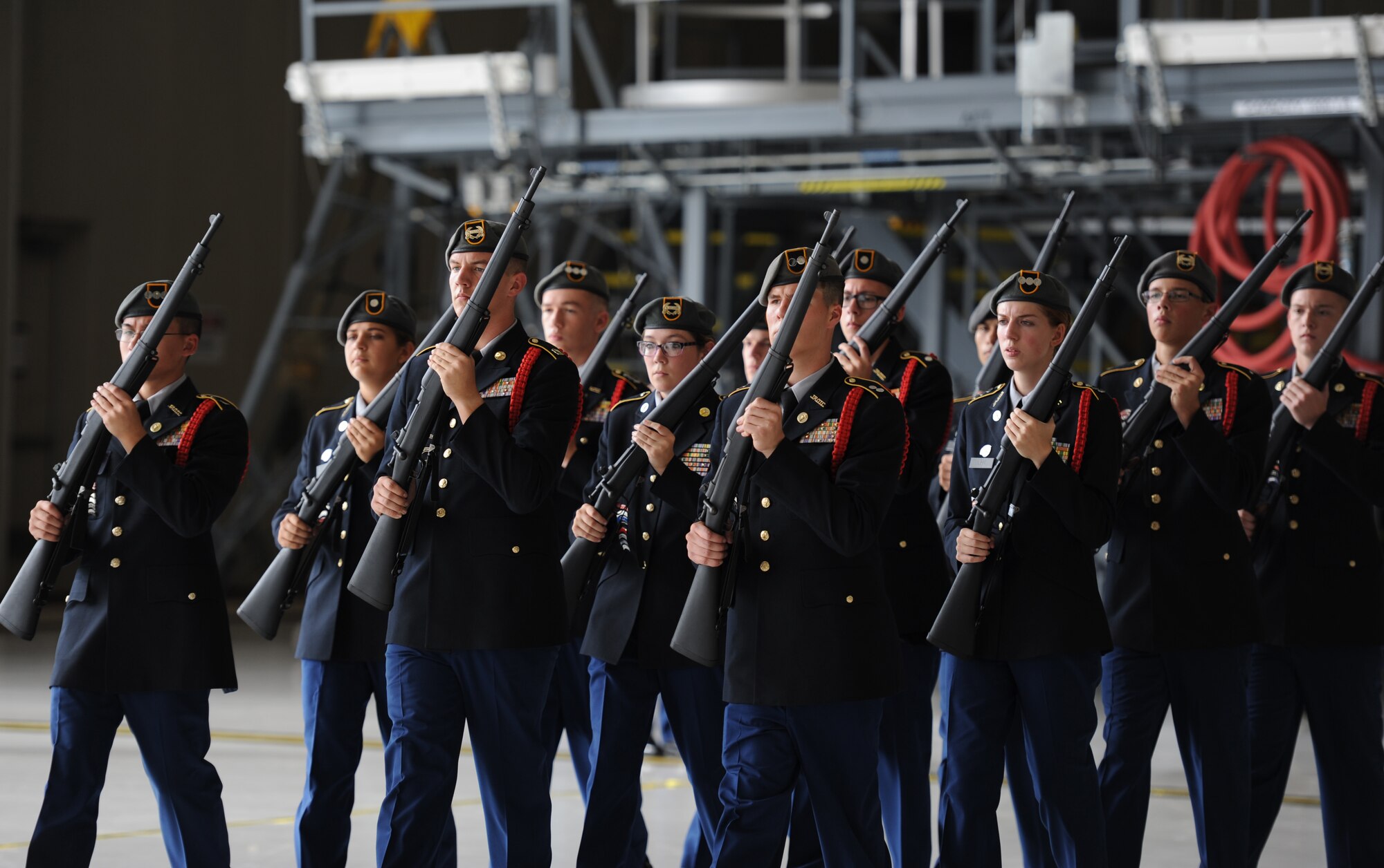 Army Junior ROTC cadets from Petal High School, Petal, Miss., perform a routine in the armed regulation during the Third Annual Mississippi All-Services Junior ROTC Drill Competition Nov. 18, 2016, on Keesler Air Force Base, Miss. More than 500 Junior ROTC cadets, spectators and volunteers were in attendance where cadets battled for the best all-services Junior ROTC team in Mississippi. Seventeen Junior ROTC teams from all military branches were represented at the event with the Biloxi High School Air Force Junior ROTC earning the top honors. (U.S. Air Force photo by Kemberly Groue)