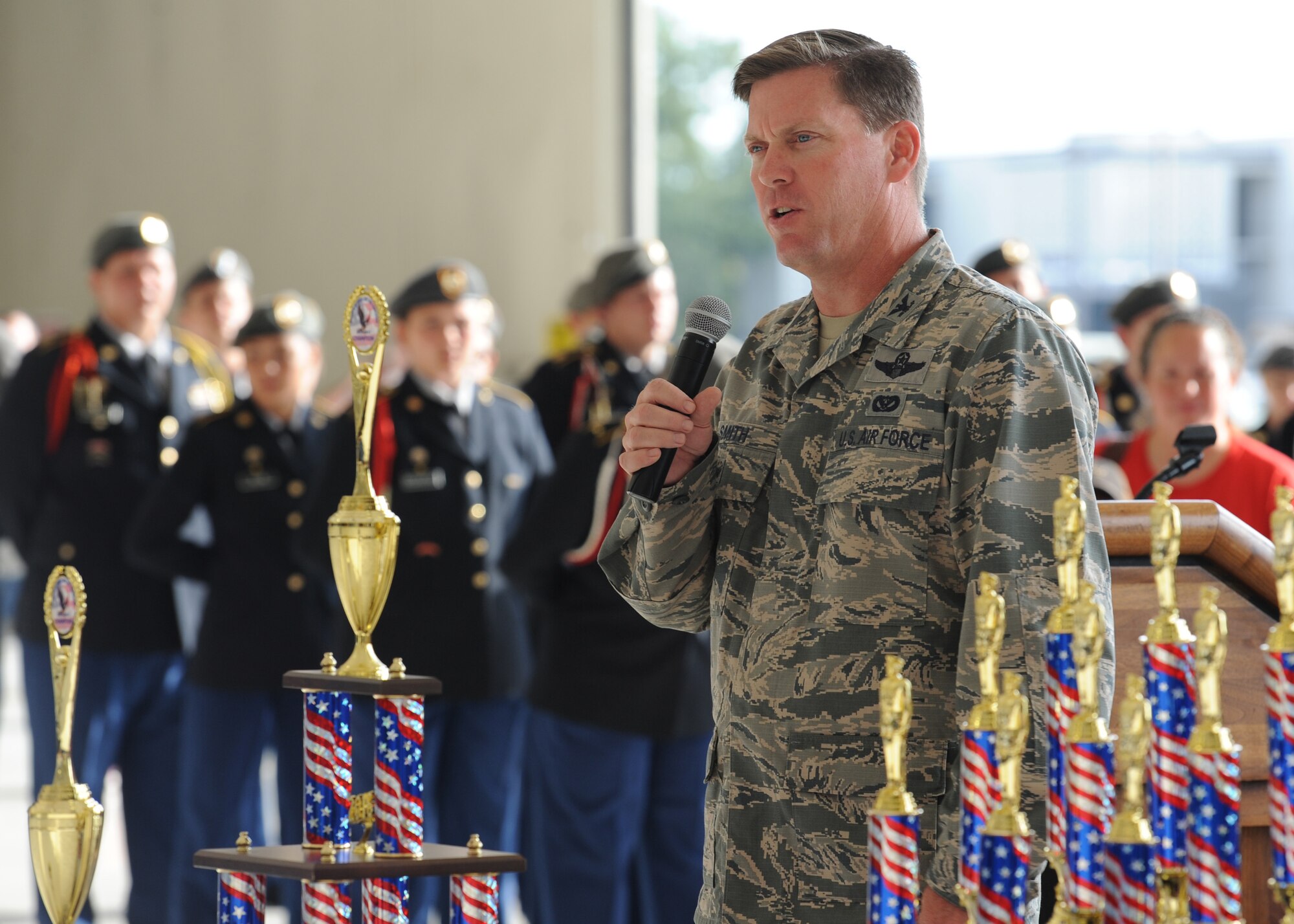 Col. C. Mike Smith, 81st Training Wing vice commander, delivers closing remarks during the Third Annual Mississippi All-Services Junior ROTC Drill Competition Nov. 18, 2016, on Keesler Air Force Base, Miss. More than 500 Junior ROTC cadets, spectators and volunteers were in attendance where cadets battled for the best all-services Junior ROTC team in Mississippi. Seventeen Junior ROTC teams from all military branches were represented at the event with the Biloxi High School Air Force Junior ROTC earning the top honors. (U.S. Air Force photo by Kemberly Groue)