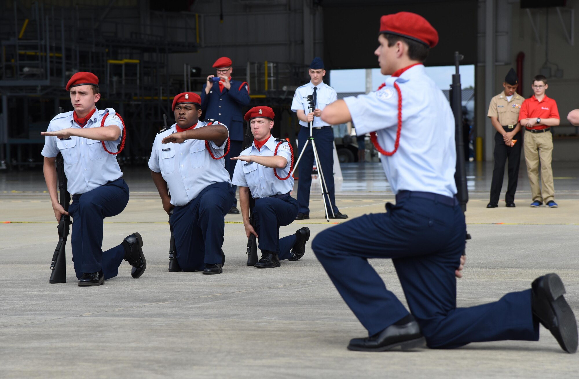 Lafayette High School Navy Junior ROTC, Oxford, Miss., members compete in the armed exhibition during the Third Annual Mississippi All-Services Junior ROTC Drill Competition Nov. 18, 2016, on Keesler Air Force Base, Miss. More than 500 Junior ROTC cadets, spectators and volunteers were in attendance where cadets battled for the best all-services Junior ROTC team in Mississippi. Seventeen Junior ROTC teams from all military branches were represented at the event with the Biloxi High School Air Force Junior ROTC earning the top honors. (U.S. Air Force photo by Kemberly Groue)