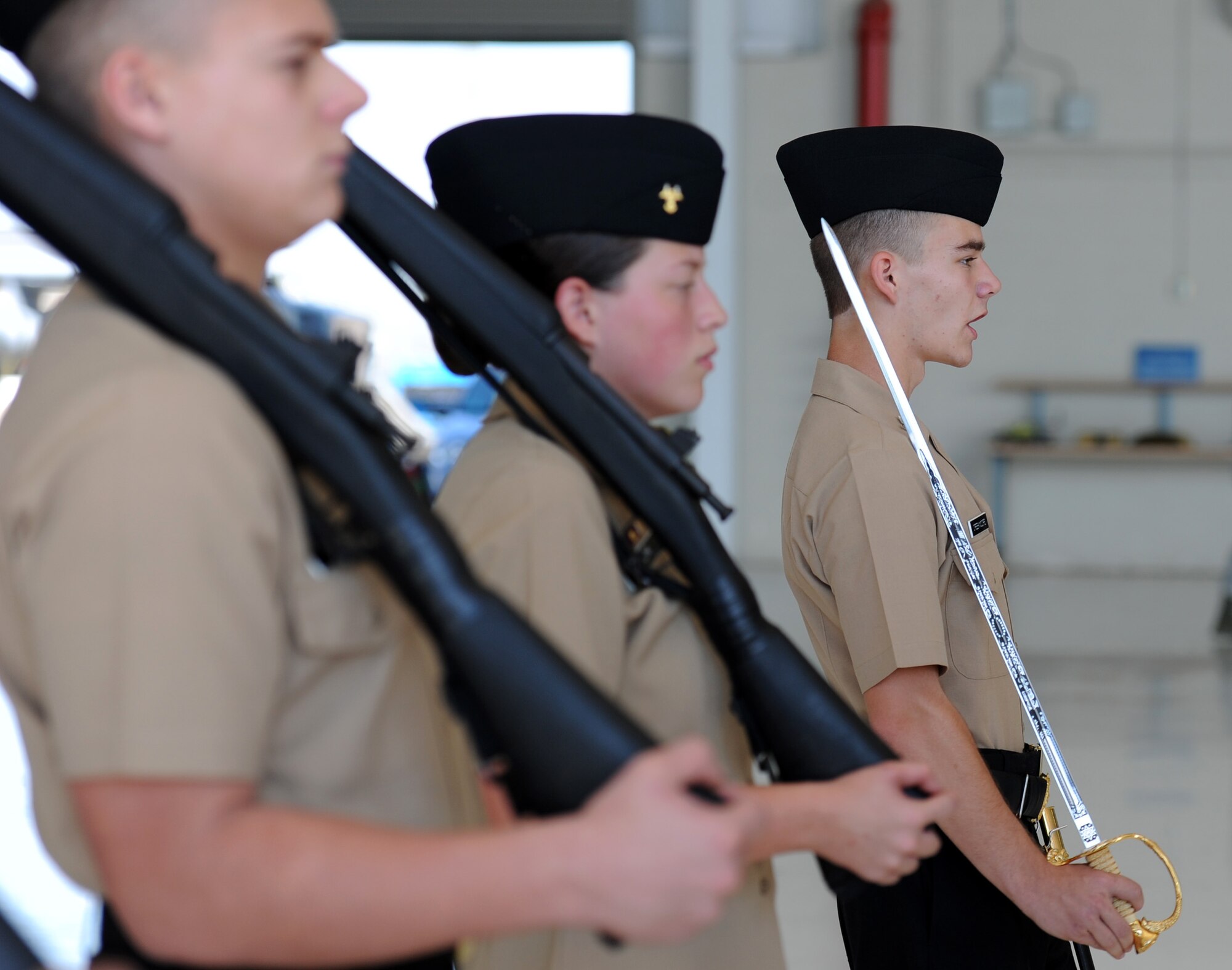 Cadet Michael Creekmoore, Neshoba Central High School Navy Junior ROTC, Philadelphia, Miss., leads his team in an armed regulation routine during the Third Annual Mississippi All-Services Junior ROTC Drill Competition Nov. 18, 2016, on Keesler Air Force Base, Miss. More than 500 Junior ROTC cadets, spectators and volunteers were in attendance where cadets battled for the best all-services Junior ROTC team in Mississippi. Seventeen Junior ROTC teams from all military branches were represented at the event with the Biloxi High School Air Force Junior ROTC earning the top honors. (U.S. Air Force photo by Kemberly Groue)