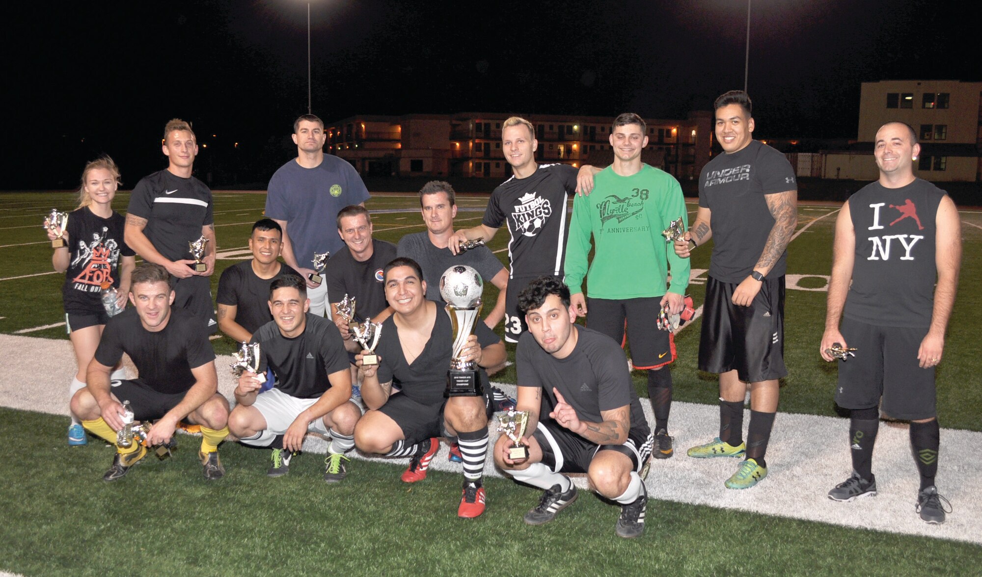 The MOF Hooligans threw off their runner-up finish last fall to nab the intramural base soccer championship Nov. 16. They beat the 513th ACG 3-2. Team members include, left to right, Kimmi Ostrander, Braden Reynolds, Landon Scalercio, Jordan Gutierrez, Alex Bedoya, Mike Rosenthal, John Varney, Alejandro Chavarriga, Chris Varney, Tristan Lindley, Chris Torres, Mike Scherer, Don Malay and Dominic Giardino. Darnell Ellis, Jovanni Butler and Eli Martin are also team members. (Air Force photo by John Parker)
