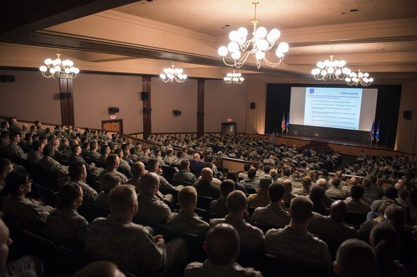 Mighty Ninety Airmen attend an all-call held by Col. Stephen Kravitsky, 90th Missile Wing commander, at F.E. Warren Air Force Base, Wyo., Nov. 22, 2016. Kravitsky ended the all-call by thanking the Airmen for their service and wishing them a happy holiday weekend. (U.S. Air Force photo by Staff Sgt. Christopher Ruano)
