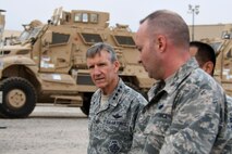 Members of the 386th Expeditionary Logistics Readiness Squadron showcase the aerial port for U.S. Air Force Gen. Hawk Carlisle, commander of Air Combat Command, Nov. 23, 2016 at an undisclosed location in Southwest Asia. During his visit, Carlisle noted that the cargo and passengers the 386th transports are vital for current operations. (U.S. Air Force photo/Senior Airman Andrew Park)