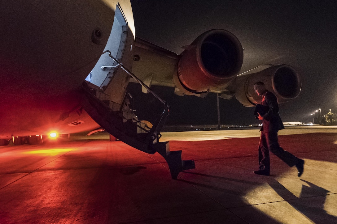 Marine Corps Gen. Joe Dunford, chairman of the Joint Chiefs of Staff, boards a C-17 Globemaster after meetings in Ankara, Turkey, Nov. 6, 2016. DoD photo by D. Myles Cullen