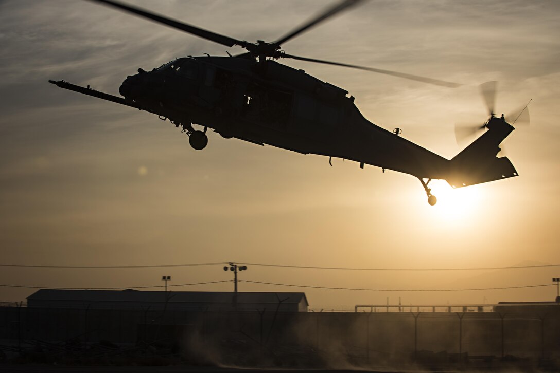 An 83rd Expeditionary Rescue Squadron HH-60 Pave Hawk lands to extract patients during a mass casualty exercise held Nov. 17, 2016 at Bagram Airfield, Afghanistan. The drill allowed pararescuemen, combat rescue officers and helicopter crews to rehearse their response to common scenarios encountered in theater. (U.S. Air Force photo by Staff Sgt. Katherine Spessa)