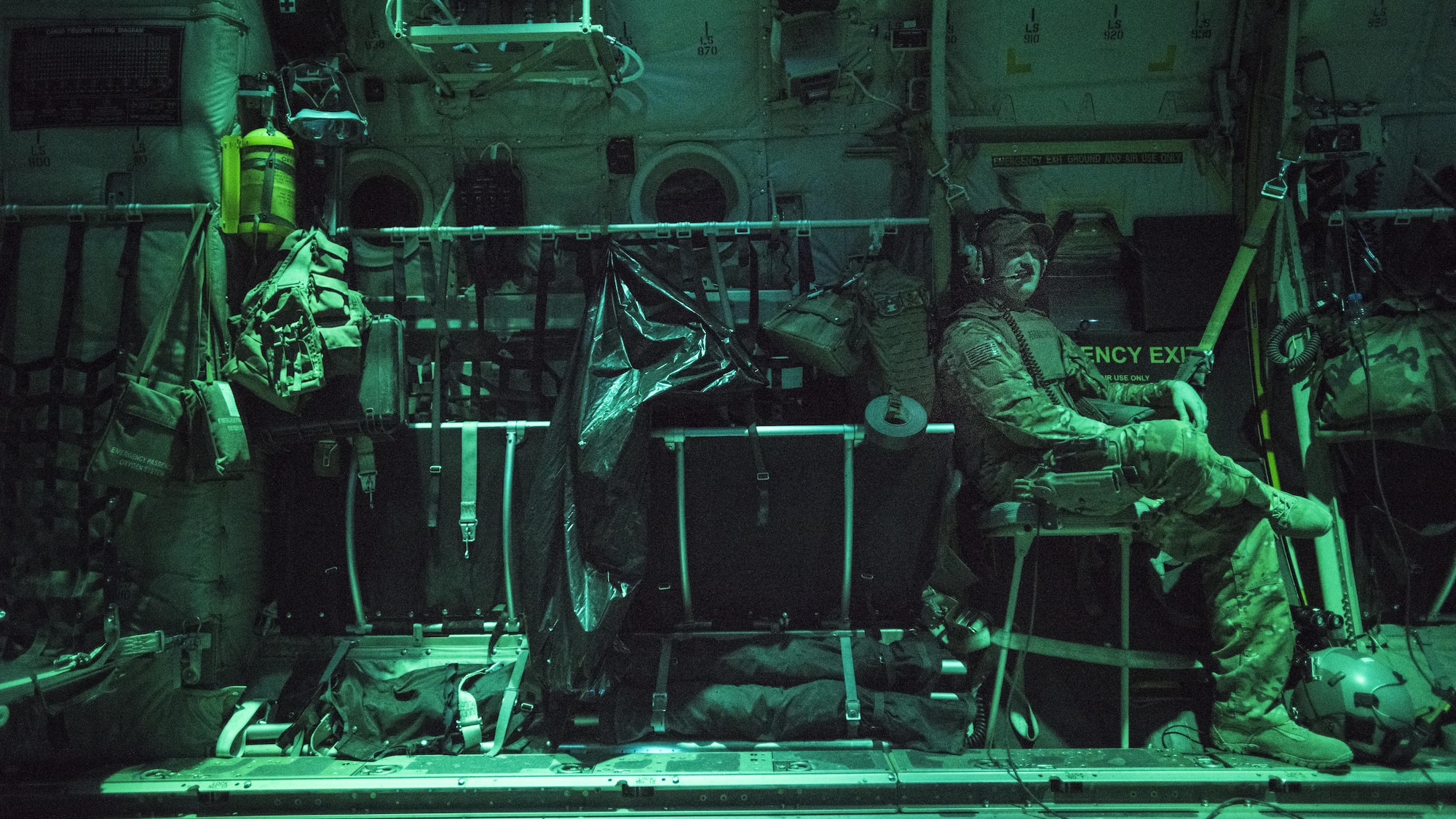 Staff Sgt. John Pittman, 774th Expeditionary Airlift Squadron loadmaster, prepares a C-130J Hercules for takeoff from Bagram Airfield, Afghanistan Nov. 10, 2016. The C-130J’s versatility allows loadmasters like Pittman to reconfigure its cargo space to handle outsized and non-standard cargo, as well as large numbers of personnel and paratroopers, depending on the required mission set. (U.S. Air Force photo by Staff Sgt. Katherine Spessa)