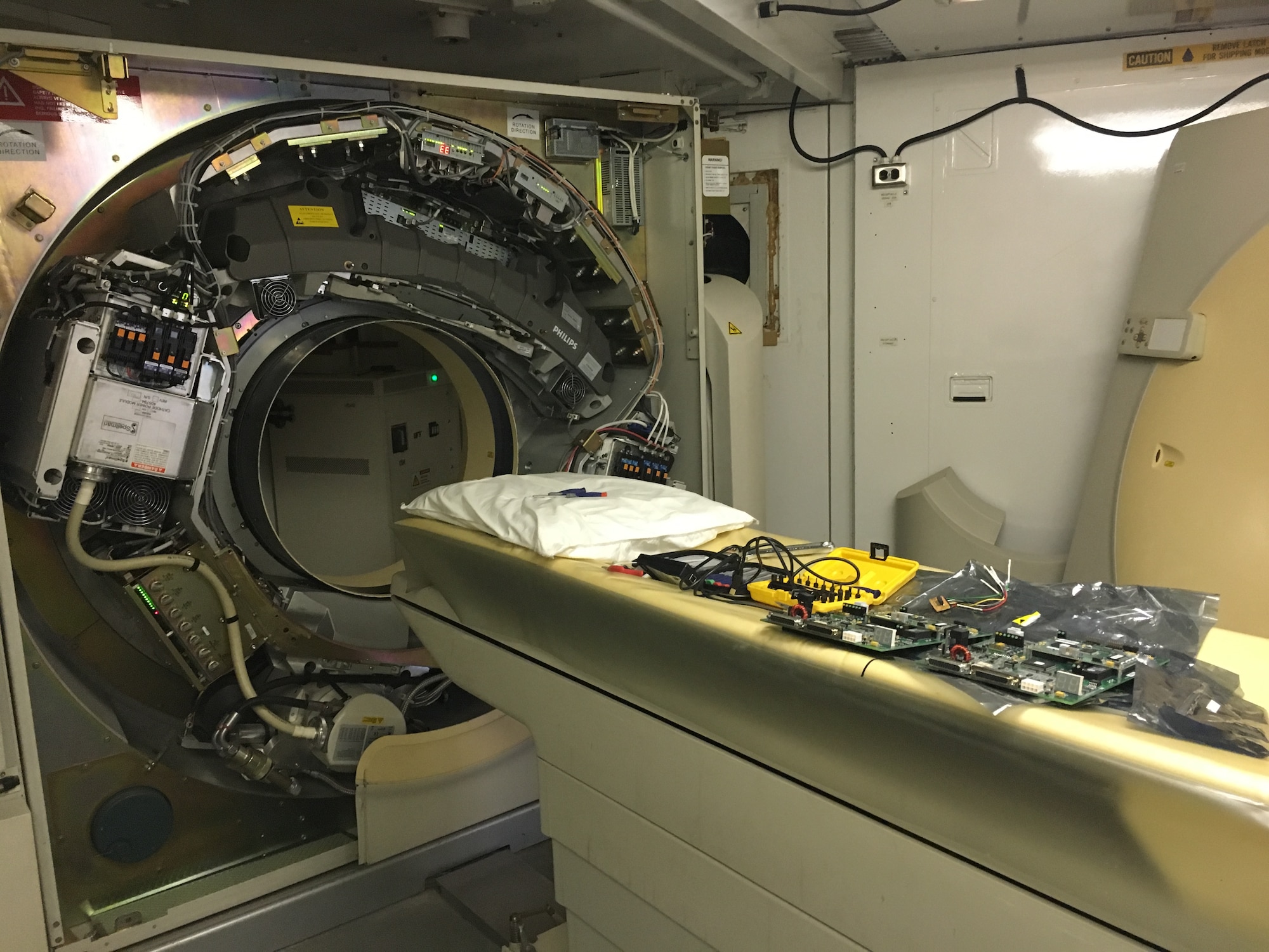The inside of a new Computed Tomography scanner is shown as it is installed at Al Udeid Air Base, Qatar, Oct. 15, 2016. The CT scanner provides the capability to take three-dimensional images of the human body, making it easier and quicker to accurately diagnose a patient. (U.S. Air Force photo by Senior Airman Miles Wilson)
