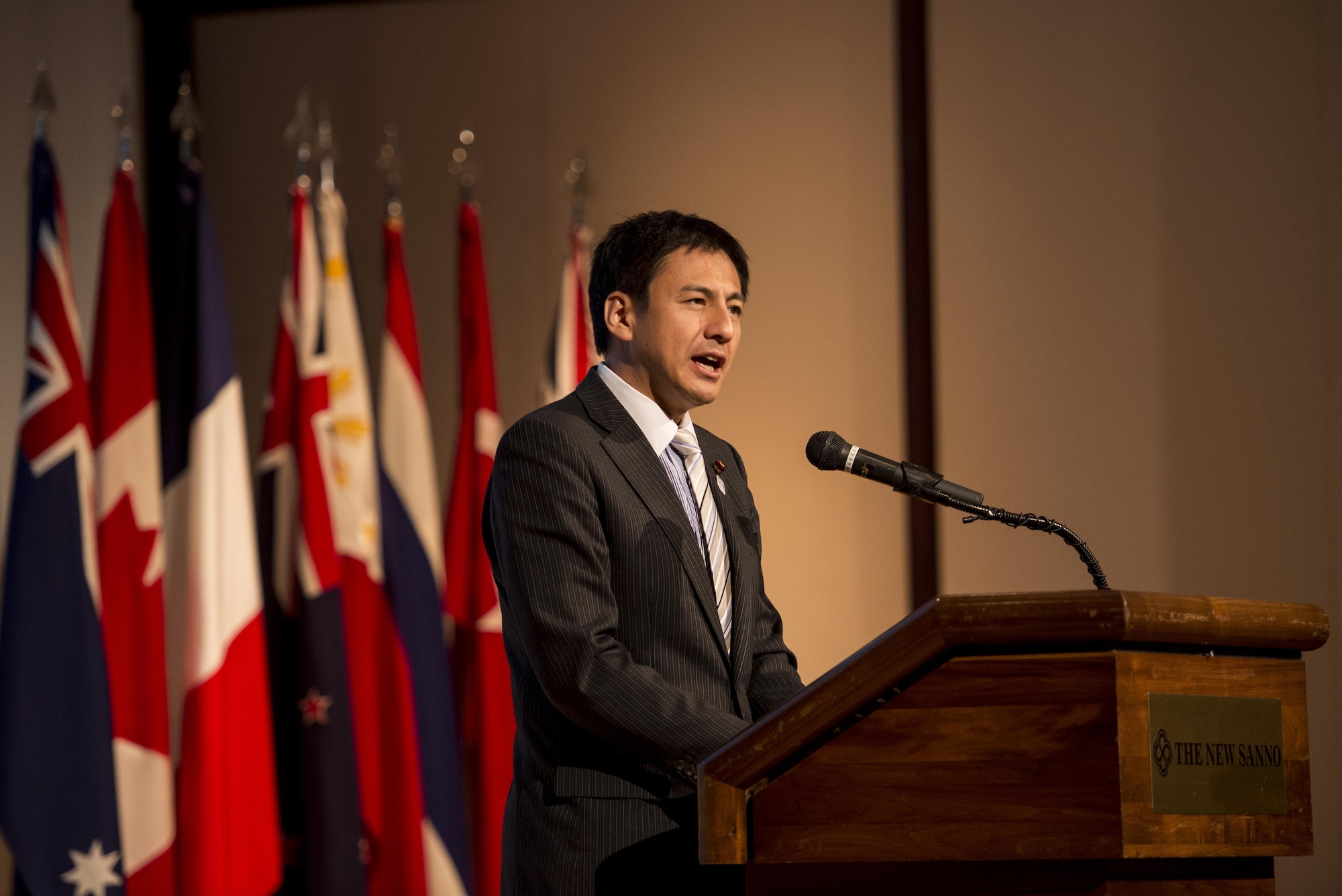 Shunsuke Takei, Parliamentary Vice-Minister for Foreign Affairs, speaks to guests at the United Nations Day 71st Anniversary Celebration in Tokyo, Japan, Nov. 21, 2016. The event also provided an opportunity for the United Nations Command, a unified command structure for the multinational military forces supporting South Korea, to show its appreciation for the ongoing support from sending states, organizations and Japan, and to reinforce the value to regional security and stability. (U.S. Air Force photo by Airman 1st Class Donald Hudson/Released)