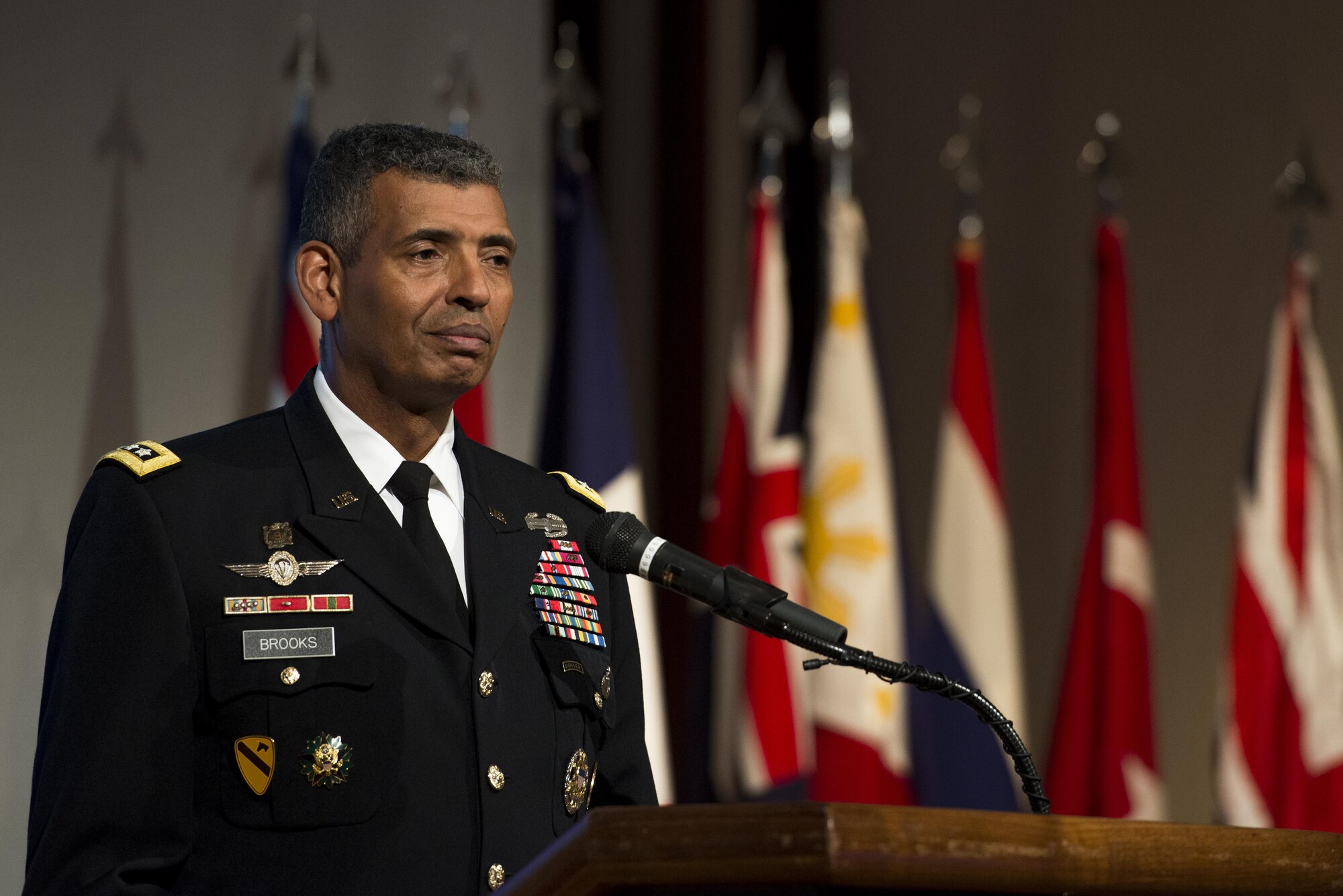 U.S. Army Gen. Vincent K. Brooks, United Nations Command commander, speaks to guests at the United Nations Day 71st Anniversary Celebration in Tokyo, Japan, Nov. 21, 2016. The event also provided an opportunity for the United Nations Command, a unified command structure for the multinational military forces supporting South Korea, to show its appreciation for the ongoing support from sending states, organizations and Japan, and to reinforce the value to regional security and stability. (U.S. Air Force photo by Airman 1st Class Donald Hudson/Released)