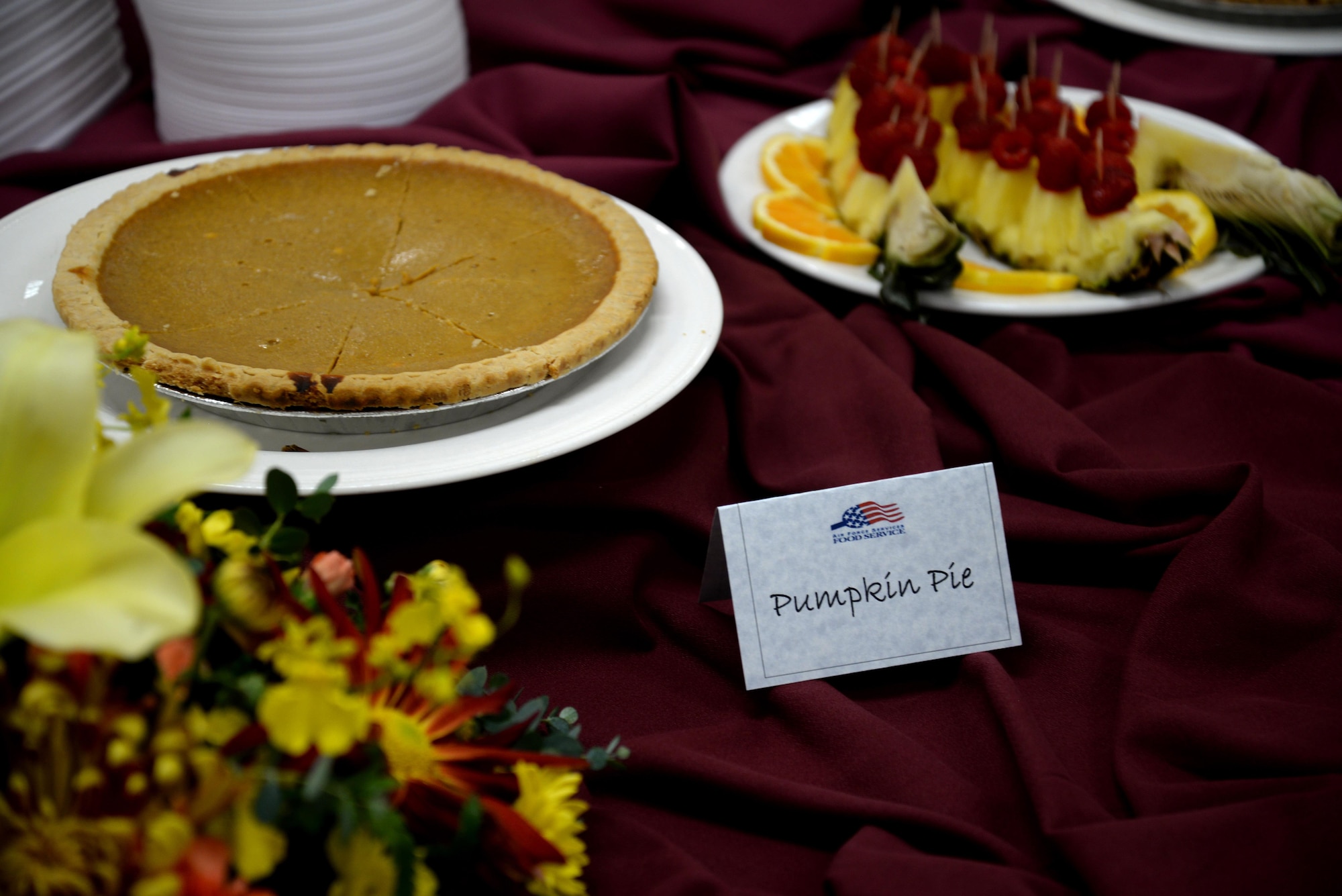 A pumpkin pie is on display during a free Thanksgiving meal at the Magellan Inn dining facility Nov. 24, 2016, at Andersen Air Force Base, Guam. The annual event, held in the dining facility, brings Airmen and base leaders together to eat and have a traditional Thanksgiving meal away from home with friends and family. (U.S. Air Force photo by Airman 1st Class Gerald R. Willis)