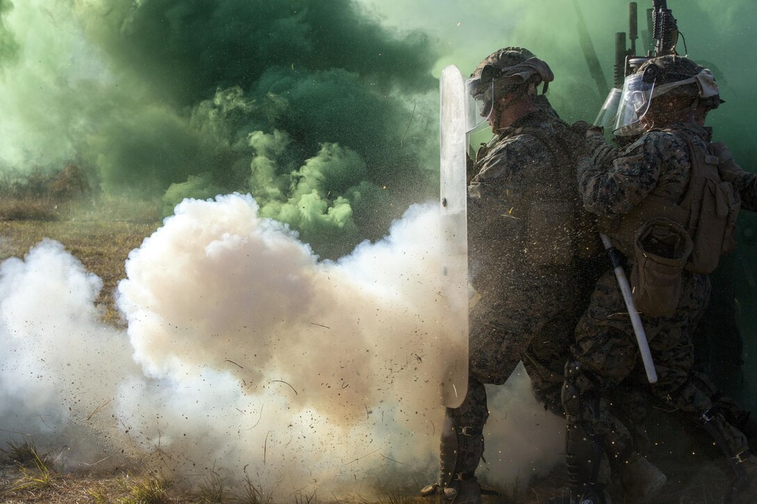 Marines push through a simulated riot during a non-lethal weapons training course at Camp Lejeune, N.C., Nov. 18, 2016. Marine Corps photo by Lance Cpl. Victoria Ross