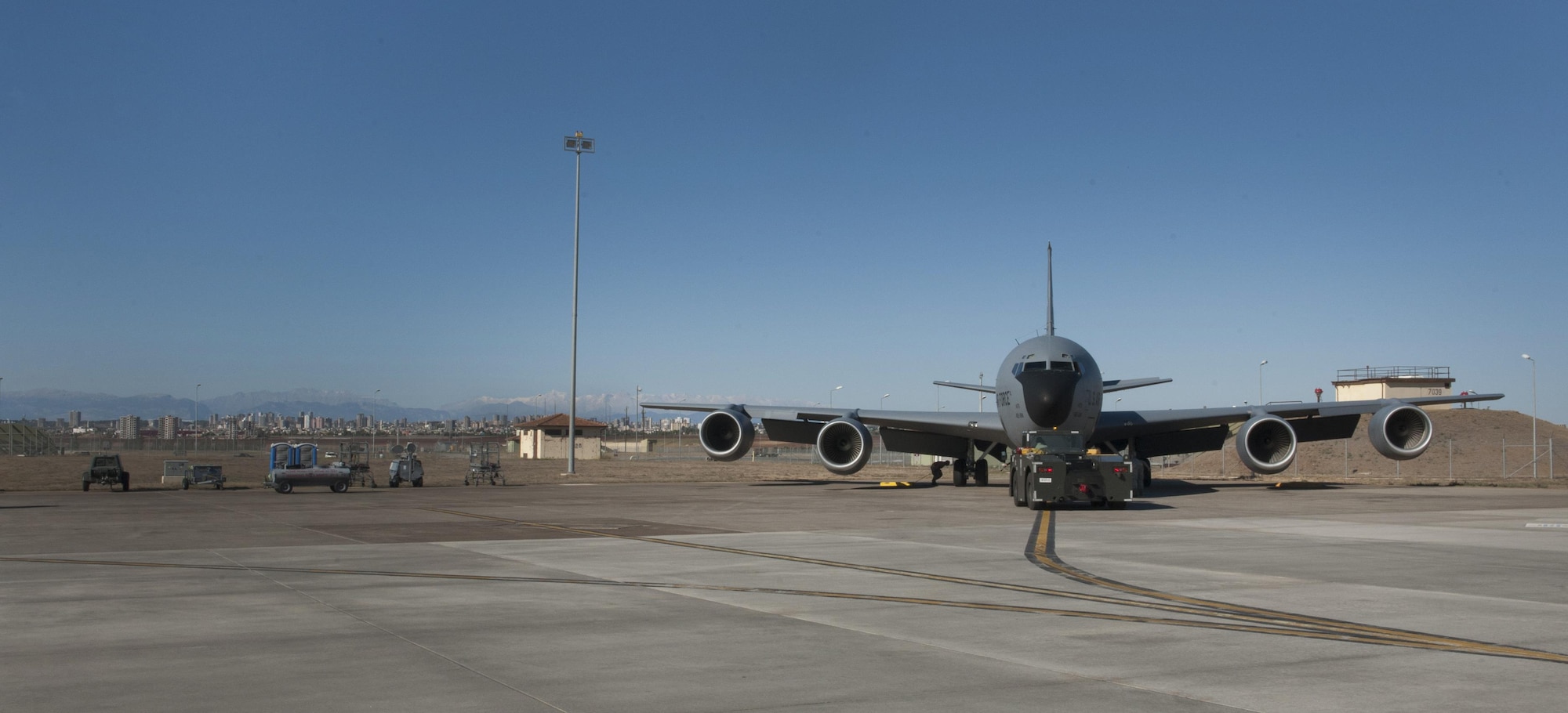 A KC-135 Stratotanker sits on an apron after completing a flight mission to refuel coalition forces aircraft supporting Operation INHERENT RESOLVE Nov. 11, 2016, at Incirlik Air Base, Turkey. Coalition forces rely on the Stratotankers to provide in air refueling to extend their operational capabilities. (U.S. Air Force photo by Staff Sgt. Jack Sanders)