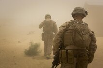 U.S. Marine Lance Cpl. Austin OKelley, a rifleman with Company F, 2nd Battalion, 7th Marine Regiment, Special Purpose Marine Air Ground Task Force - Crisis Response - Central Command,  takes part in a tactical recovery of aircraft and personnel exercise, Aug. 02, 2016. SPMAGTF – CR – CC is a self-sustaining expeditionary unit, designed to provide a broad range of crisis response capabilities throughout the Central Command area of responsibility, using organic aviation, logistical, and ground combat assets, to include TRAP and embassy reinforcement. (U.S. Marine Corps photo by Cpl. Trever Statz/Released)