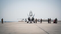 An F/A-18D with Marine All-Weather Fighter Attack Squadron 533, Special Purpose Marine Air-Ground Task Force - Crisis Response - Central Command 16.2, are prepares for takeoff at an undisclosed location in Southwest Asia, Oct. 15, 2016. VMFA(AW)-533 departed the CENTCOM area of responsibility, completing deployment as part of the Aviation Combat Element of SPMAGTF-CR-CC.  The squadron conducted strikes in support of Operation Inherent Resolve, the operation to eliminate the ISIL terrorist group and the threat they pose to Iraq, Syria, and the wider international community. (U.S. Marine Corps photo by Sgt. Donald Holbert)