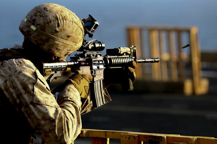 161115-M-BE869-047 RED SEA (Nov. 15, 2016) Marines assigned to Weapons Company, Battalion Landing Team, 1st Battalion, 6th Marine Regiment, 22nd Marine Expeditionary Unit (MEU), participate in a live fire weapons shoot on the flight deck of the amphibious assault ship USS Wasp (LHD 1) on Nov. 15, 2016. The 22nd MEU, deployed with the Wasp Amphibious Ready Group, is conducting naval operations in support of U.S. national security interests in the 5th Fleet area of operations. (U.S. Marine Corps photo by Cpl. Ryan G. Coleman)