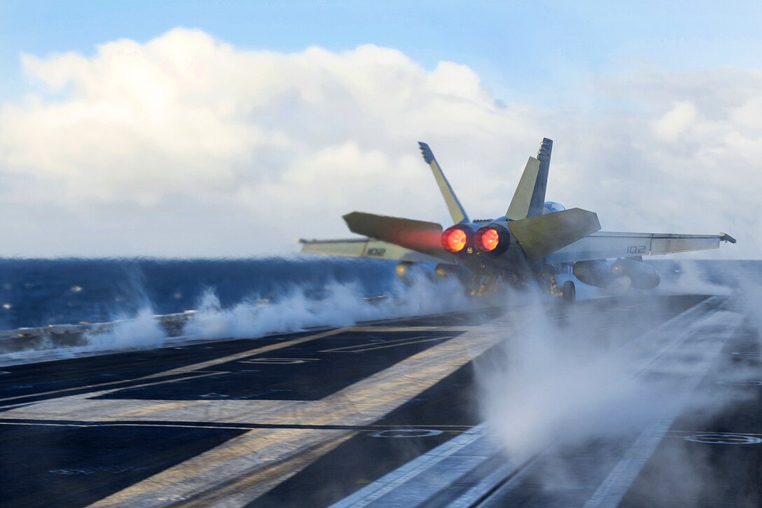 A Navy F/A-18F Super Hornet launches from the flight deck of the aircraft carrier USS Carl Vinson in the Pacific Ocean, Nov. 21, 2016. Navy photo by Petty Officer 3rd Class Sean M. Castellano