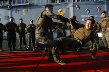 161105-M-MK246-004 RED SEA (Nov. 5, 2016) Marines assigned to 22nd Marine Expeditionary Unit (MEU) participate in the Marine Corps martial arts program aboard the amphibious assault ship USS Wasp (LHD-1) on Nov. 5, 2016. 22nd MEU, deployed with the Wasp Amphibious Ready Group, is conducting naval operations in the 5th Fleet area of operations in support of U.S. national security interests. (U.S. Marine Corps photo by Cpl. John A. Hamilton Jr.)