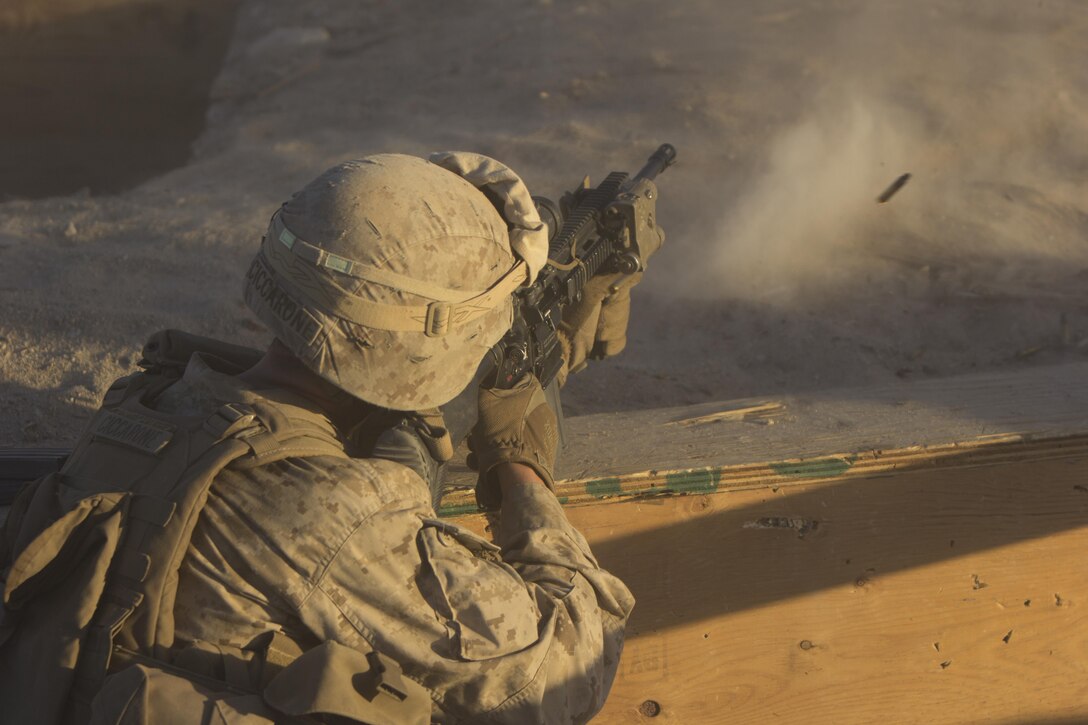 Lance Cpl. Anthony Ciccarone provides suppressive fire at a simulated enemy target at range 410A Marine Air-Ground Combat Center Twenty-nine Palms, Calif., Oct. 21, 2016. Marines with 1st Battalion, 2nd Marine Regiment, 2nd Marine Division are conducting an Integrated Training Exercise to prepare for an upcoming deployment. (U.S Marine Corps photo by Lance Cpl. Juan A. Soto-Delgado)