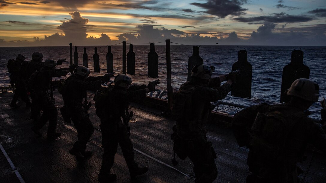 Marines with the Maritime Raid Force, 11th Marine Expeditionary Unit, conduct combat marksmanship and close-quarters tactics training during a “deck shoot” aboard the USS Makin Island (LHD 8), while afloat in the Pacific Ocean, Nov. 2, 2016. As one of the MEU’s maneuver elements, the MRF’s main specialties consist of Visit, Board, Search, and Seizure missions conducted on opposed vessels while at sea, and limited-scale ground raids. 