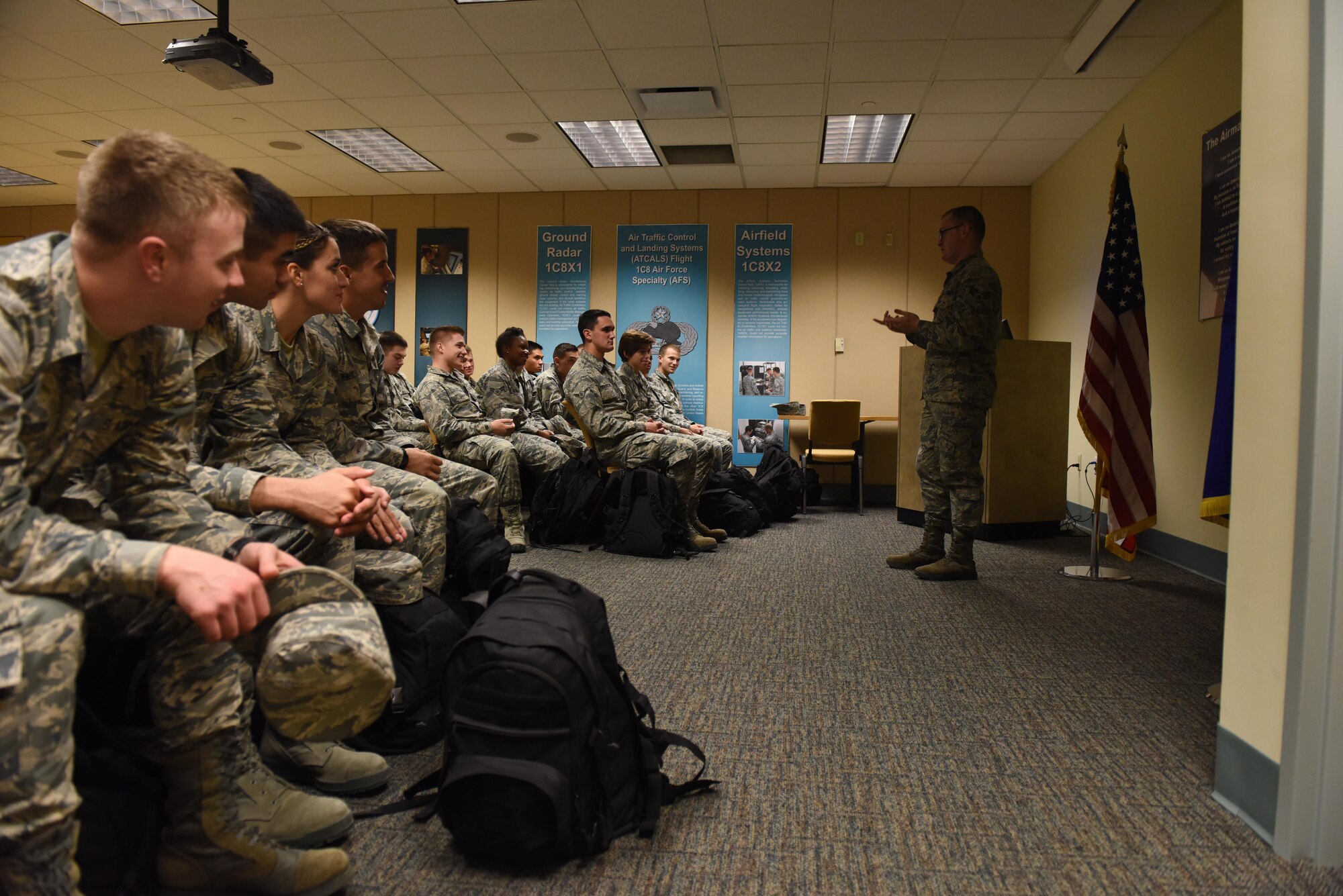 Senior Airman Justin Wright, 81st Medical Operations Squadron mental health technician, briefs 334th Training Squadron students on the importance of the Airman Comprehensive Fitness pillars of mental, physical, spiritual and social resiliency during a mental health briefing at Cody Hall Nov. 22, 2016, on Keesler Air Force Base, Miss. Leadership at the 334th TRS, with guidance from medical professionals, implemented the mental health briefings tailored for air traffic and combat control students going through the courses at Keesler to help keep them resilient through the rigors of their course load. (U.S. Air Force photo by Senior Airman Holly Mansfield)