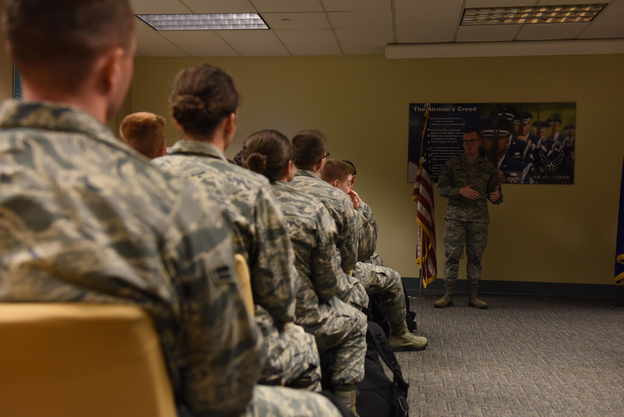 Senior Airman Justin Wright, 81st Medical Operations Squadron mental health technician, briefs 334th Training Squadron students on the importance of the Airman Comprehensive Fitness pillars of mental, physical, spiritual and social resiliency during a mental health briefing at Cody Hall Nov. 22, 2016, on Keesler Air Force Base, Miss. Leadership at the 334th TRS, with guidance from medical professionals, implemented the mental health briefings tailored for air traffic and combat control students going through the courses at Keesler to help keep them resilient through the rigors of their course load. (U.S. Air Force photo by Senior Airman Holly Mansfield)