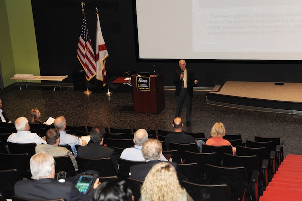 Michael Norton, chief of the Energy Implementation Branch at Huntsville Center, discusses the REM workshop agenda with more than 30 resource efficiency managers and Huntsville Center customers during the annual event Nov. 17-18 at the Davidson Center for Space Exploration. 