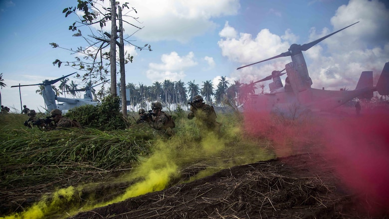 Marines with Battalion Landing Team 1st Bn., 4th Marines, 11th Marine Expeditionary Unit, set up landing zone security during the final exercise of Exercise Tiger Strike 2016 in Sabah Province, Malaysia, Nov. 13, 2016. As the concluding exercise of TS16, U.S. and Malaysian forces executed a helo-borne raid, using MV-22 Ospreys, to secure an objective area, exhibiting their ability to conduct bilateral combat operations.