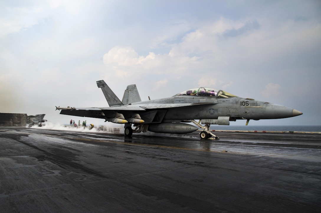 An F/A-18F Super Hornet launches from the flight deck of the aircraft carrier USS Dwight D. Eisenhower in the Persian Gulf, Nov. 24, 2016. Navy photo by Petty Officer 3rd Class Nathan T. Beard