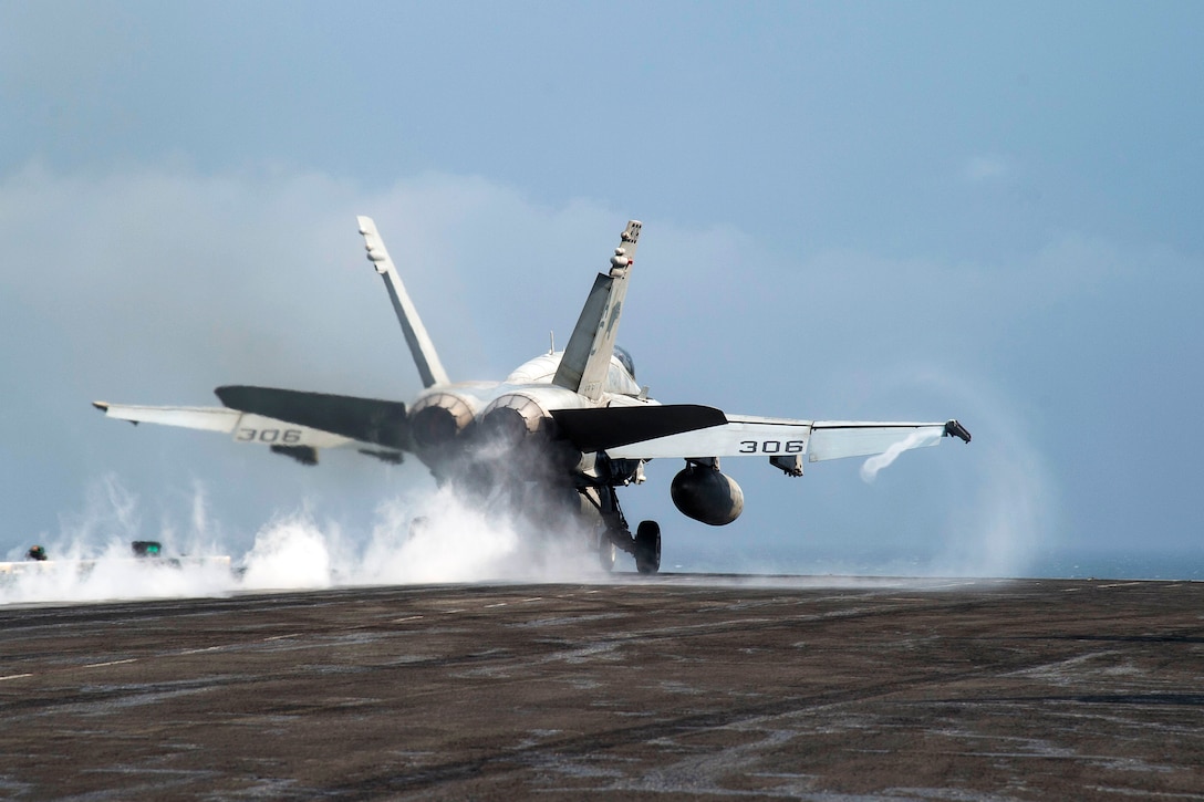 An F/A-18C Hornet launches from the flight deck of the aircraft carrier USS Dwight D. Eisenhower in the Persian Gulf, Nov. 24, 2016. Navy photo by Petty Officer 3rd Class Nathan T. Beard