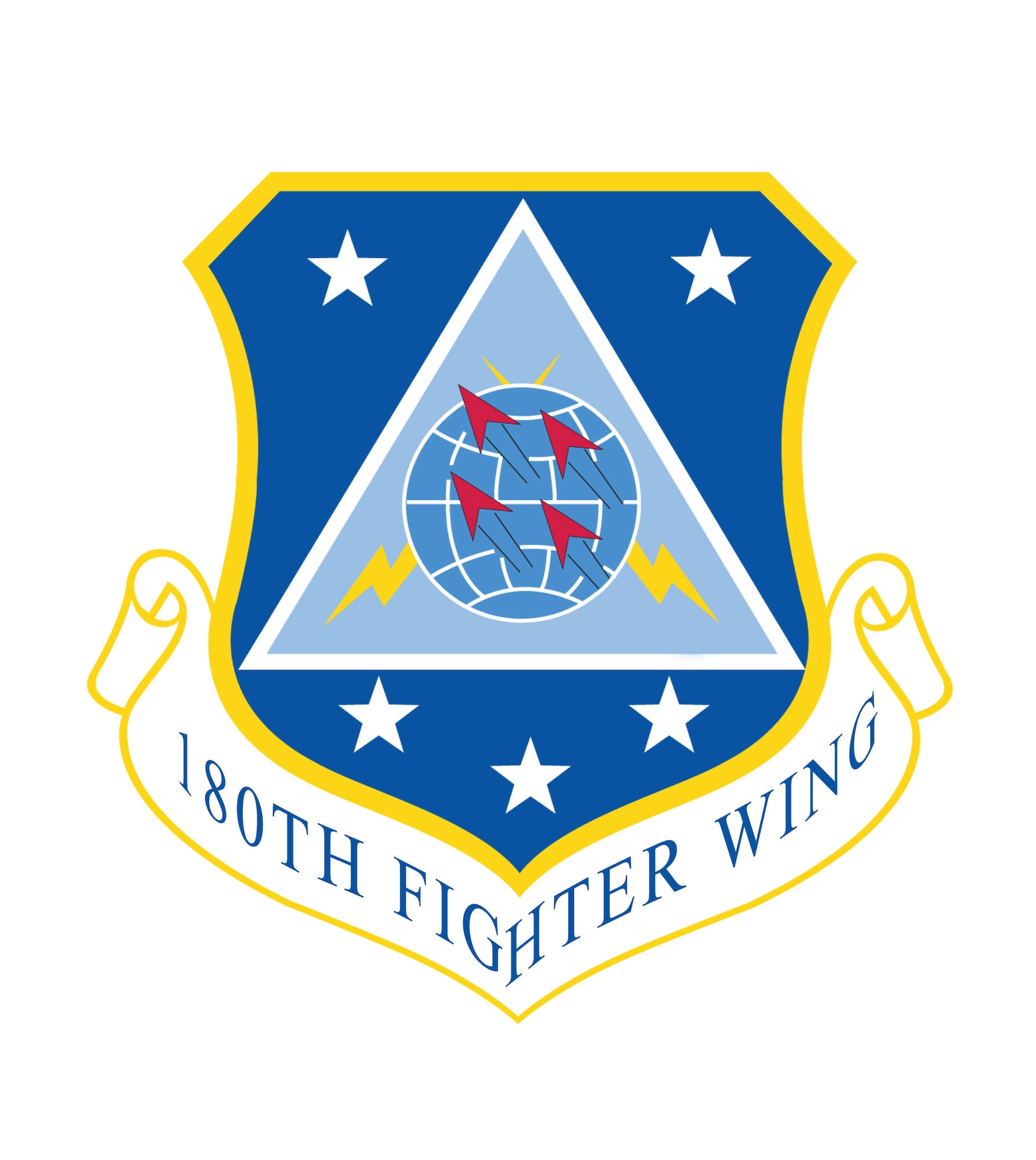 The origins of the 180th Fighter Wing's organizational emblem date back to June 22, 1964 when the unit held a group wide design contest in search of a design that could be used to symbolically represent the newly formed 180th Tactical Fighter Group. The emblem was approved and became recognized federally on October 15, 1962. 

In accordance with Air Force guidance of the time, the design for organizational emblems had to meet several requirements before being approved by the National Guard Bureau. To be considered for approval, all ideas expressed within the design had to be original, simple, and in good taste. The emblem could not imitate designs of other organizations, portray specific types of equipment or display geographical locations. 

Another requirement is that each individual symbol in the design have some significance to the organization. The significance as written in 1964 is as follows: 

The four dart like figures symbolize the flying mission of the unit; the formation in which they are placed denotes the teamwork and coordination which is necessary within the group to successfully complete all facets of the assigned mission. 

The globe symbolizes the requirement levied on the group and its capability to rapidly deploy to any location on earth in accordance with the Air Force's concept of global disturbances. 

The yellow lightening streak symbolizes the speed and power of the Group aircraft and their capability to destroy those who would wage war or otherwise threaten the fundamental concepts for all mankind. It is also symbolic of the Tactical Air Commander and the Air Force Strike Command whose missions, like lightning can bring quick devastation to those who threaten our way of life. 

The black triangle symbolizes the 180th designation of this Group as it is the only geometric figure whose interior angles equal 180 degrees. Newly formed units within the group will have individual pictorial emblems based on the triangle. 

The ultra