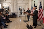 Secretary of Defense Ash Carter hosts a joint news conference with the French Minister of Defense Jean-Yves Le Drian at the Daughters of the American Revolution Constitution Hall in Washington, Nov. 28, 2016. DoD photo by Army Sgt. Amber I. Smith