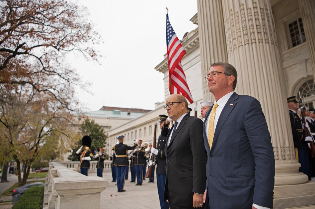 Defense Secretary Ash Carter participates in an honor cordon with French Defense Minister Jean-Yves Le Drian before a bilateral meeting at DAR Constitution Hall, Washington, D.C., Nov. 28, 2016. The leaders discussed the U.S.-France partnership and security topics including coalition efforts to defeat the Islamic State of Iraq and the Levant. DoD photo by Army Sgt. Amber I. Smith