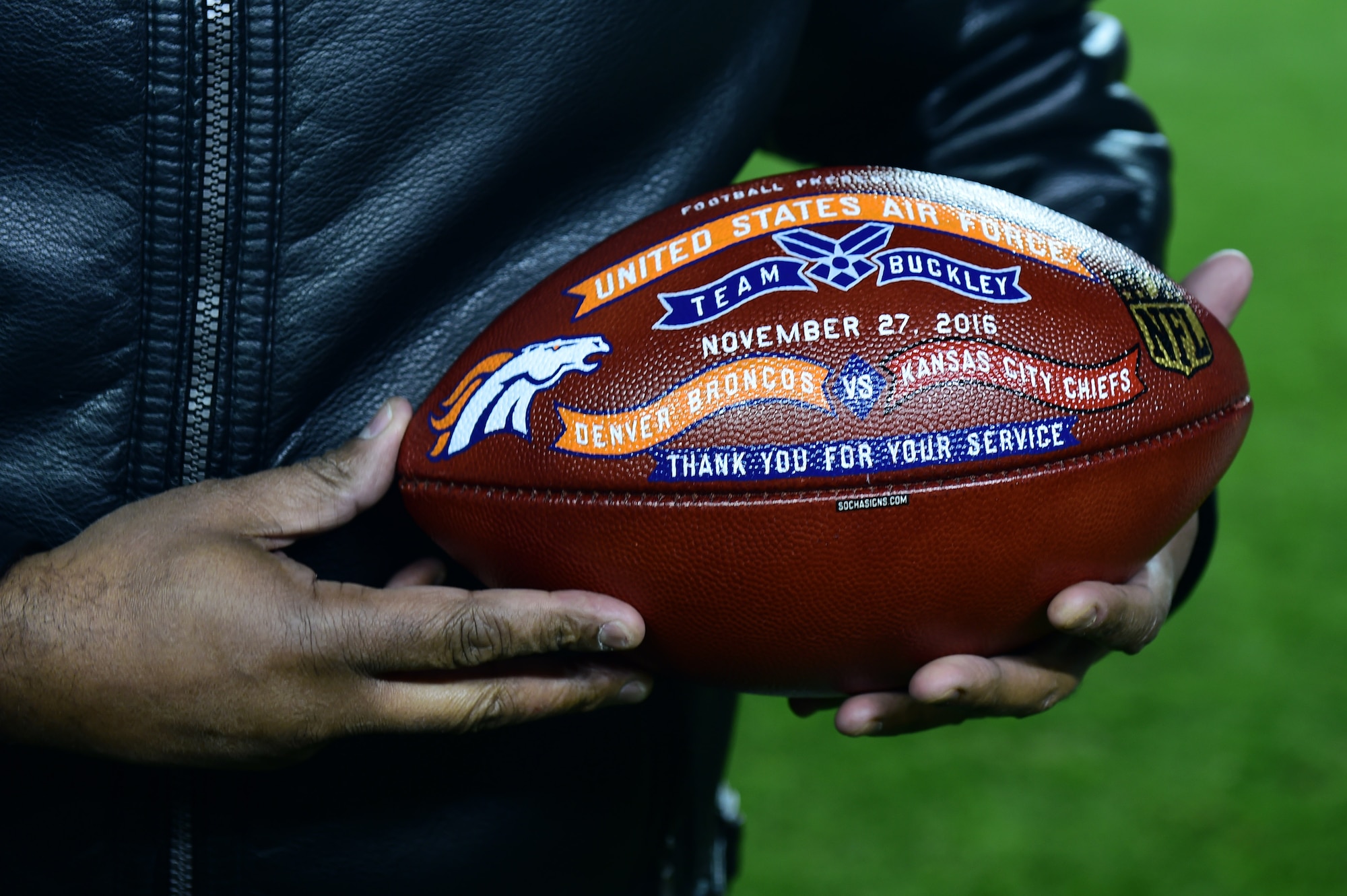 The Denver Broncos held a Salute to Service football game Nov. 27, 2016, at Sports Authority Field at Mile High in Denver. The Broncos presented each military branch with a commemorative football during a halftime ceremony. (U.S. Air Force photo by Airman 1st Class Gabrielle Spradling/Released)