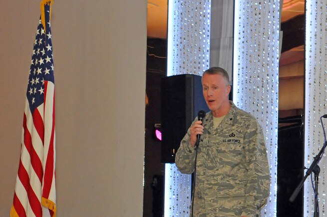 Brig. Gen. Kenneth Gammon, Utah National Guard Director of Joint Staff, addressed several dozen community members during the League of United Latin American Citizens Utah's Viva America! event on Oct. 25, 2016, in Salt Lake City. The event included a presentation of the colors by a joint Utah Air and Army National Guard color guard, as well as an award ceremony recognizing four Utah Guardsmen for their military service. (U.S. Air National Guard photo by Staff Sgt. Annie Edwards)

