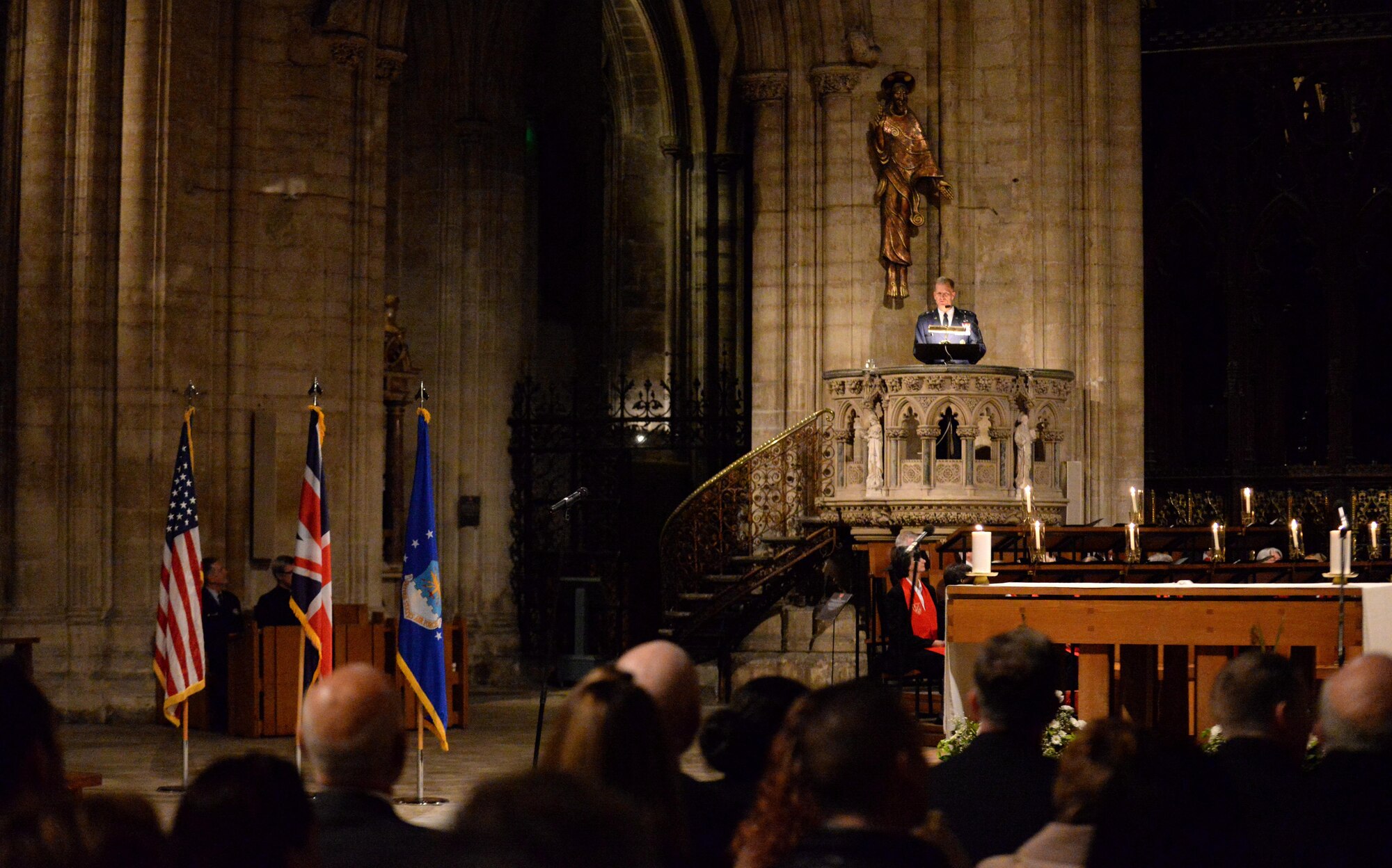 U.S. Air Force Chaplain (Maj. Gen.) Dondi E. Costin, U.S. Air Force chief of chaplains, leads a Thanksgiving service Nov. 23, 2016, at Ely Cathedral in Ely, England. Costin was stationed at RAF Mildenhall, England, in 1998, and found joy in returning to the historical cathedral as the service’s guest speaker. (U.S. Air Force photo by Staff Sgt. Kate Thornton)