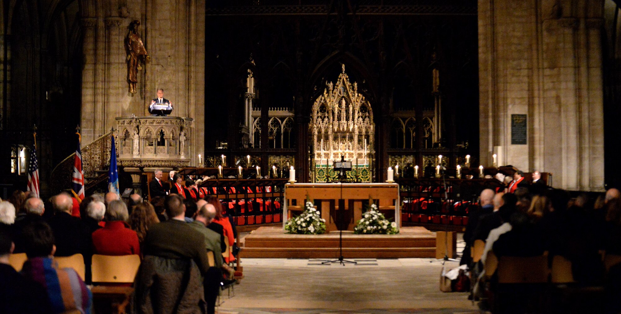 U.S. Air Force Chaplain (Maj. Gen.) Dondi E. Costin, U.S. Air Force chief of chaplains, leads a Thanksgiving service Nov. 23, 2016, at Ely Cathedral in Ely, England. Although England doesn’t celebrate Thanksgiving, Ely Cathedral opens its 900-year-old doors every year to provide U.S. military personnel and local community members a place to celebrate, worship and give thanks. (U.S. Air Force photo by Staff Sgt. Kate Thornton)