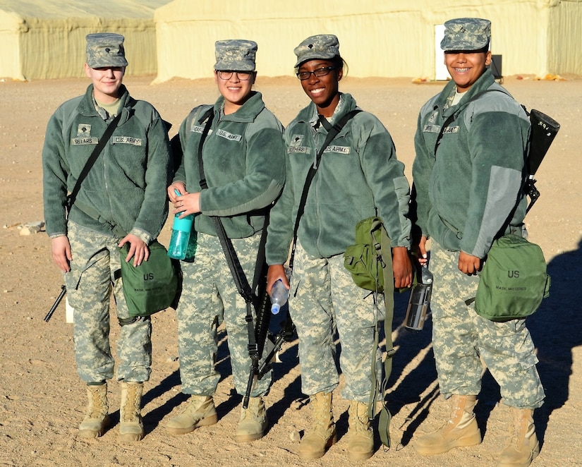 Spc. Ashton Sellars, Sgt. Neneth Castillo, Spc. Deondra Caruthers and Pfc. Felicia Smith of the 650th Regional Support Group trained at the Fort Irwin National Training Center November 17-20, where a joint Field Training Exercise, during a MUTA 8 four-day battle assembly, where collective training events as well as individual readiness focused on medical readiness and firearms qualification.