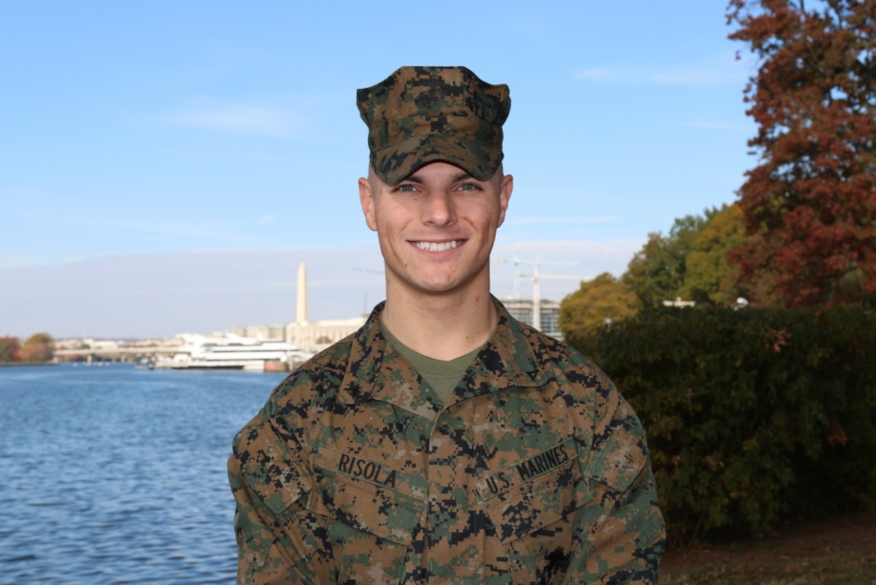 Marine Corps Lance Cpl. Michael Risola, a Tarpon Springs, Fla., native assigned to Marine Barracks Washington, D.C., poses for a photo at Fort Lesley J. McNair, Nov. 15, 2016. Army photo by Staff Sgt. Elvis Umanzor